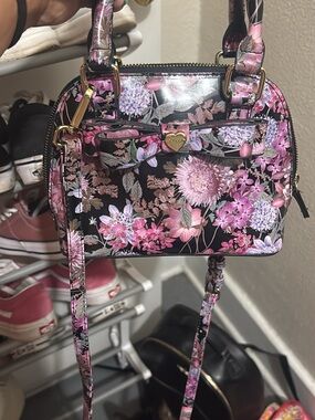 Betsey Johnson Pink and Black Floral Mini Satchel Crossbody